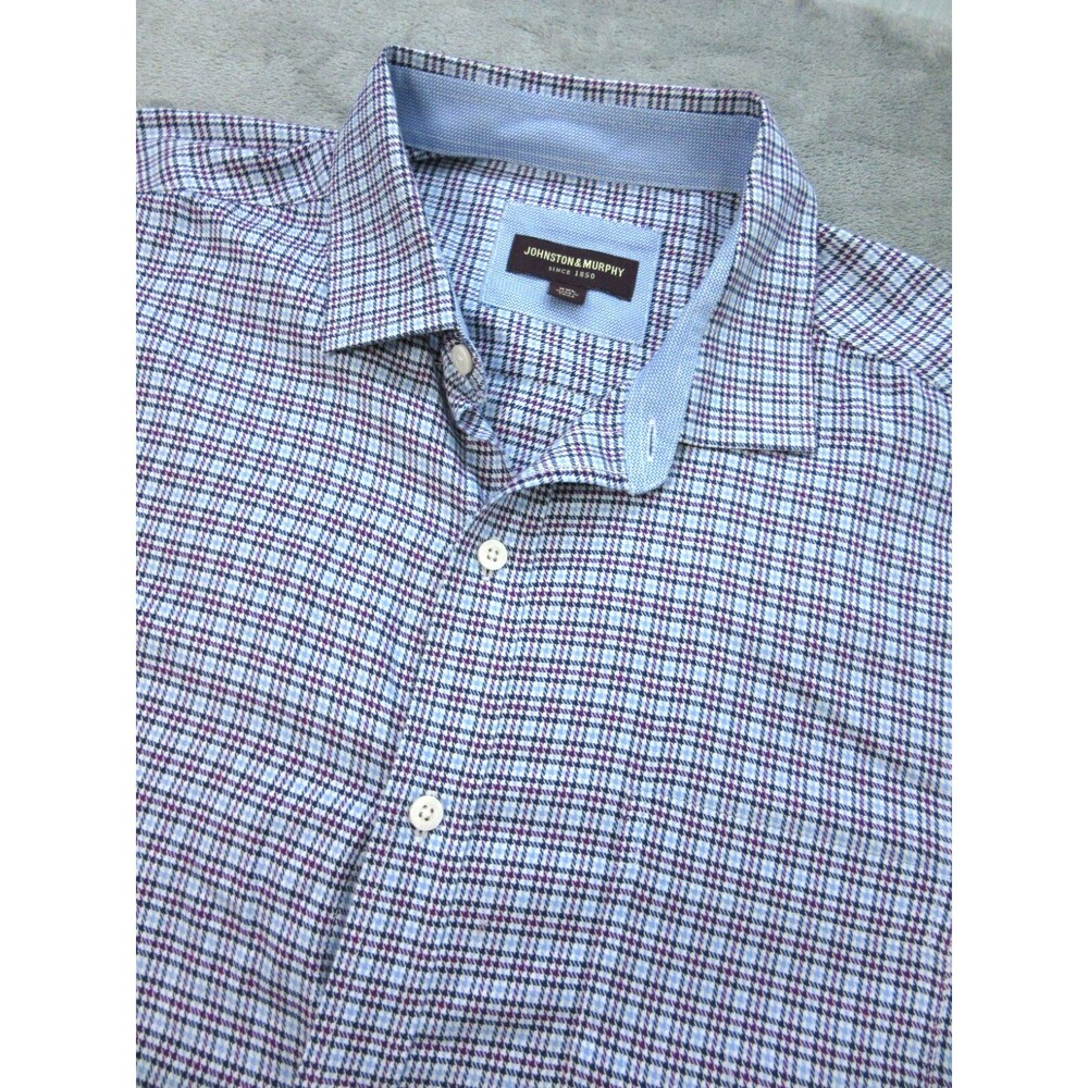 Johnson & Murphy Shirt Men's XXL 2XL Plaid Blue Long Sleeve Buttoned Down